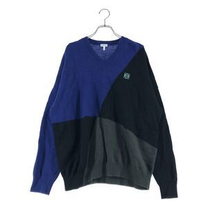 LOEWE | Wool Panel Switching Oversize Crew Neck Knit | XS | Blue-black Khaki |